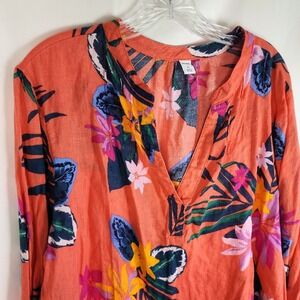 Old Navy Womens XL Linen Blend Floral Print V-Neck Tie Cuff Top Blouse‎